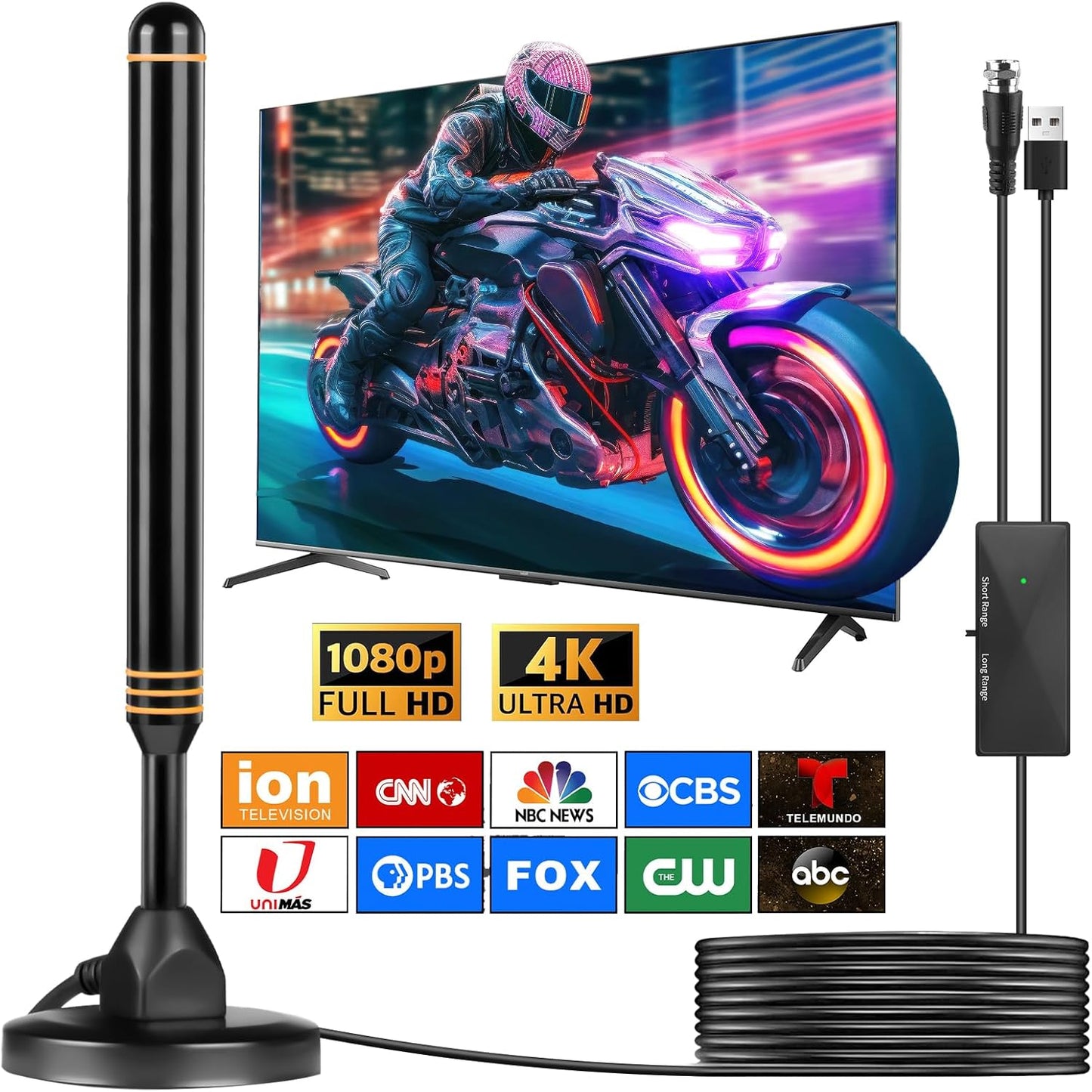 TV Antenna Indoor for Smart TV, TV Antenna for Local Channels, Digital Antenna for Smart TV Indoor, Easy Installation, Long Range Reception HD 4K 1080P with 16ft Long Cables