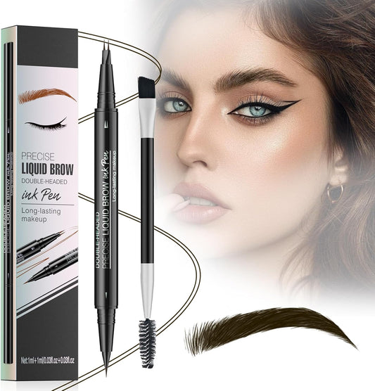 Eyebrow Pen - Microblading Eyebrow Pencil, Waterproof Natural Eyebrow Pen Dual-Ended Eyebrow Brush, 2-Fork-Tip & Precise Brush-Tip Create Natural Hair-Like Brows, Dark Brown