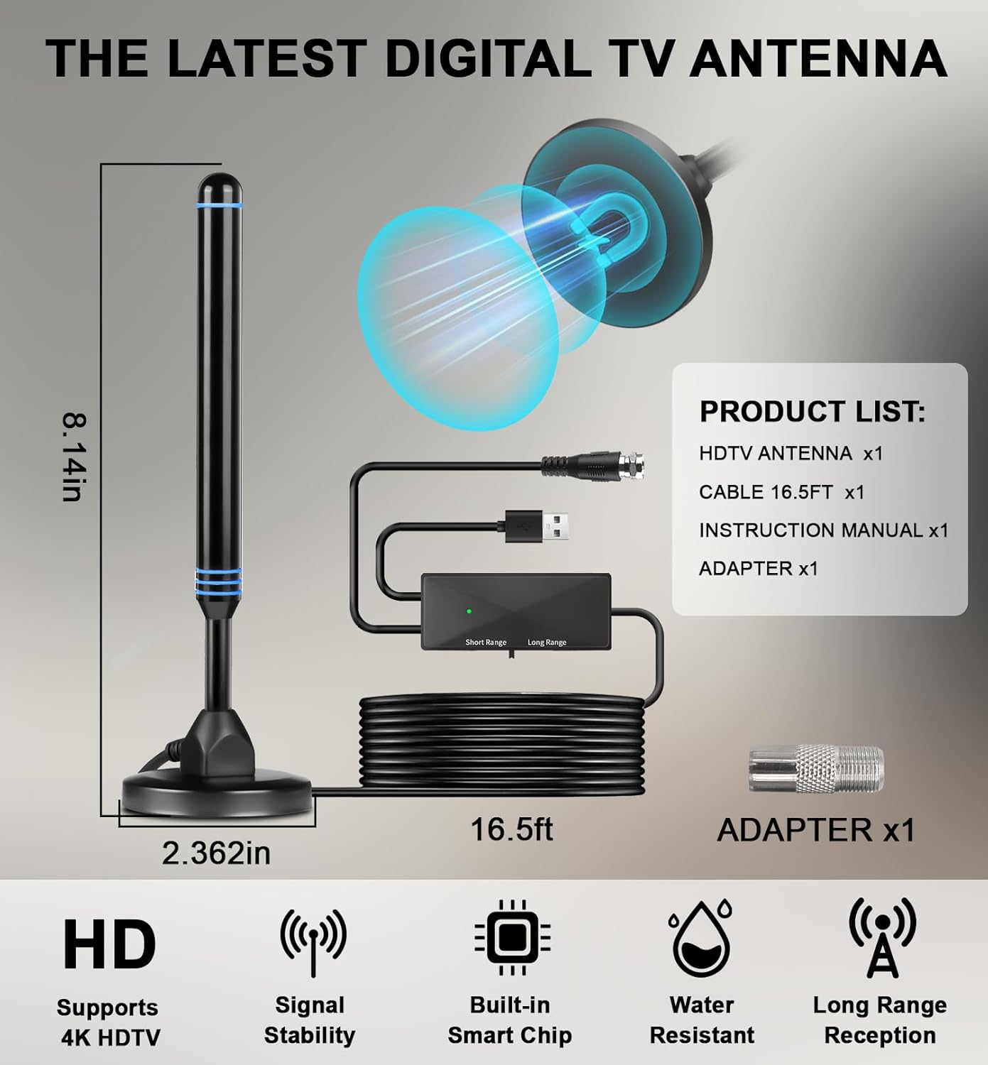 TV Antenna Indoor for Smart TV, TV Antenna for Local Channels, Digital Antenna for Smart TV Indoor, Easy Installation, Long Range Reception HD 4K 1080P with 16ft Long Cables (Blue)